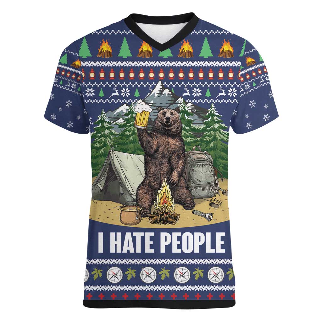 Bear Christmas Women V-Neck T-Shirt Camping I Hate People - Wonder Print Shop