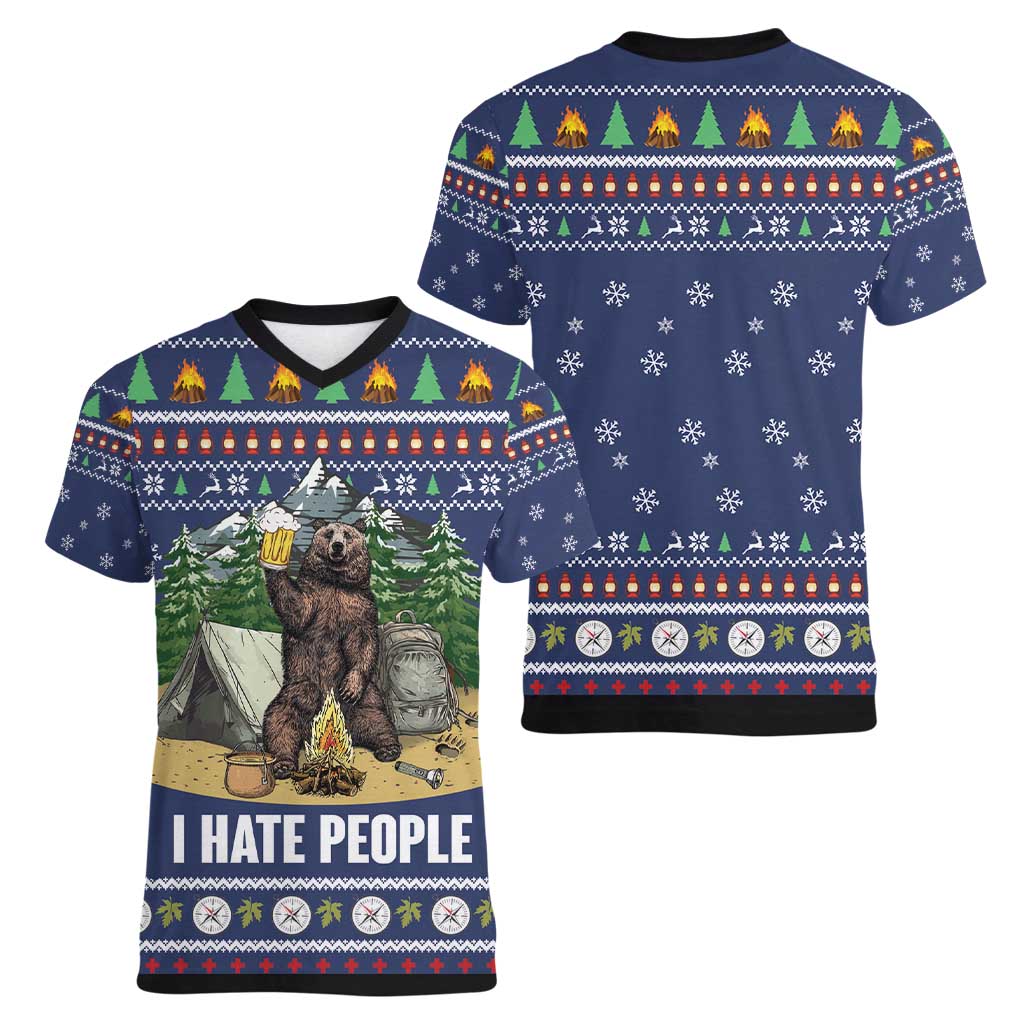 Bear Christmas Women V-Neck T-Shirt Camping I Hate People - Wonder Print Shop