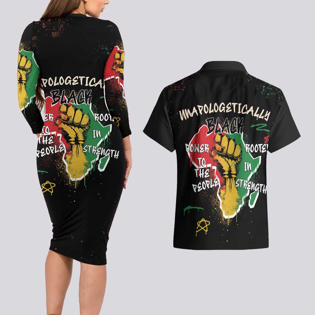 Power in Our Roots Couples Matching Long Sleeve Bodycon Dress and Hawaiian Shirt Unapologetically Black African
