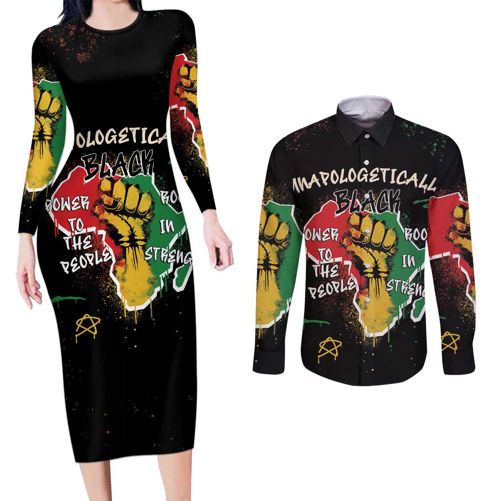 Power in Our Roots Couples Matching Long Sleeve Bodycon Dress and Long Sleeve Button Shirt Unapologetically Black African