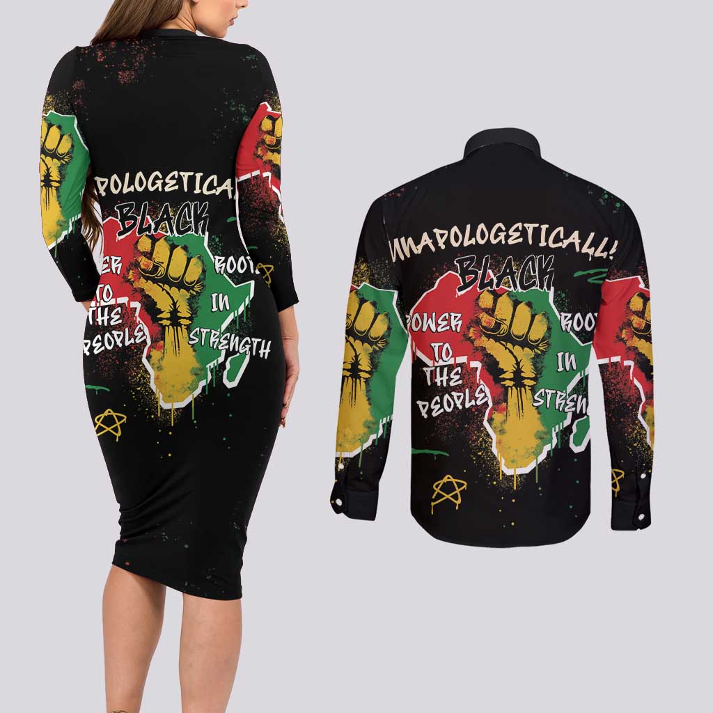 Power in Our Roots Couples Matching Long Sleeve Bodycon Dress and Long Sleeve Button Shirt Unapologetically Black African