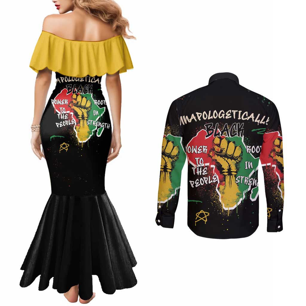 Power in Our Roots Couples Matching Mermaid Dress and Long Sleeve Button Shirt Unapologetically Black African