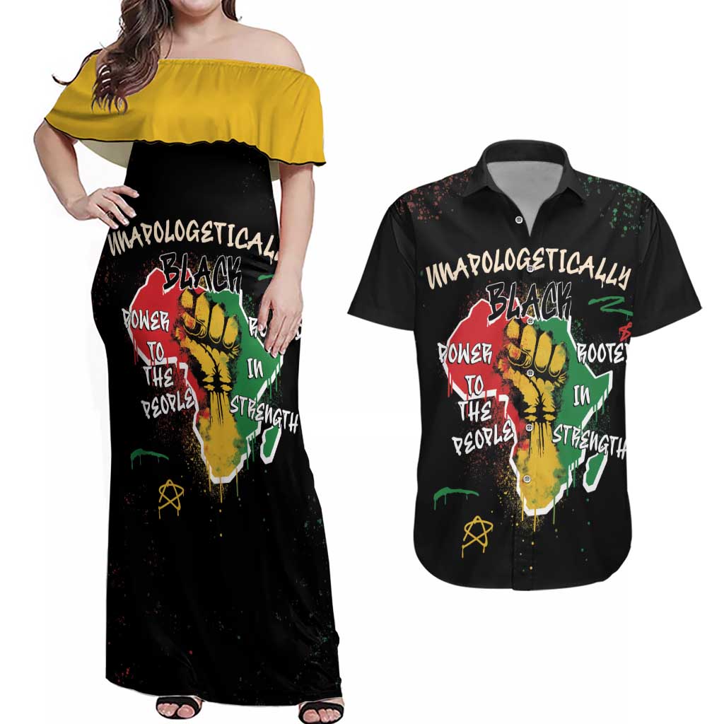 Power in Our Roots Couples Matching Off Shoulder Maxi Dress and Hawaiian Shirt Unapologetically Black African