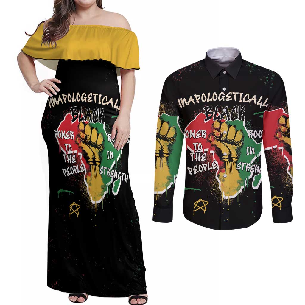 Power in Our Roots Couples Matching Off Shoulder Maxi Dress and Long Sleeve Button Shirt Unapologetically Black African