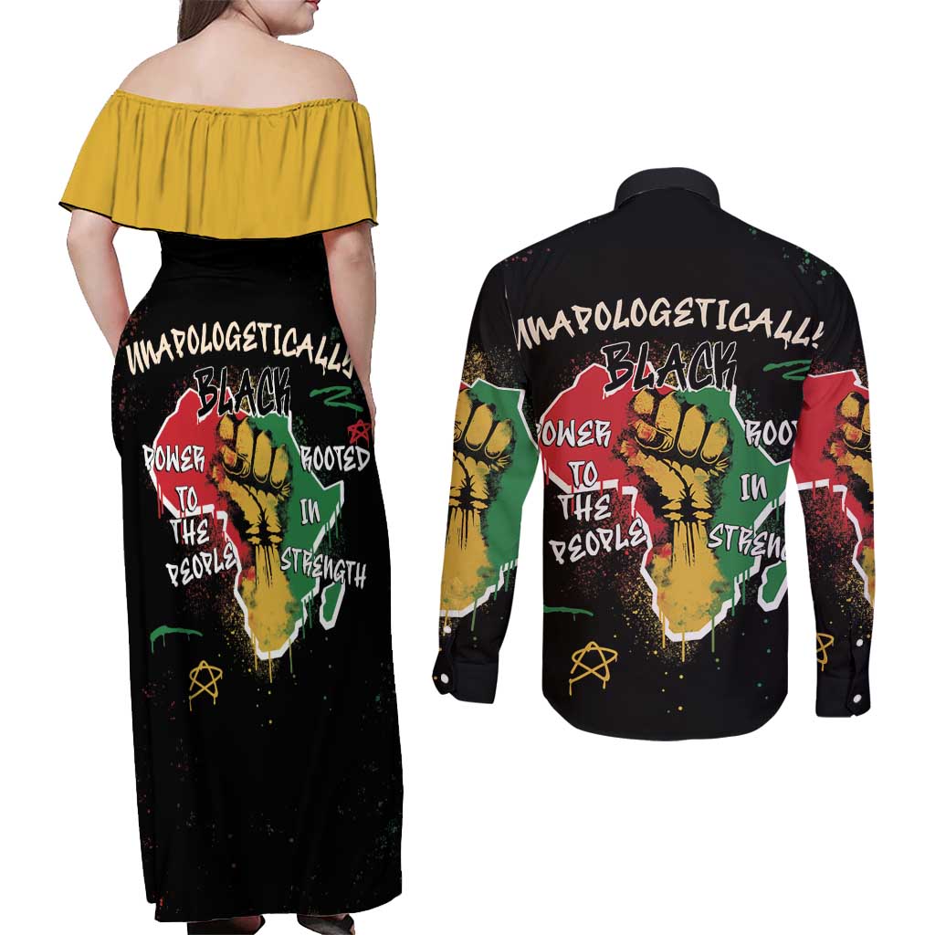 Power in Our Roots Couples Matching Off Shoulder Maxi Dress and Long Sleeve Button Shirt Unapologetically Black African