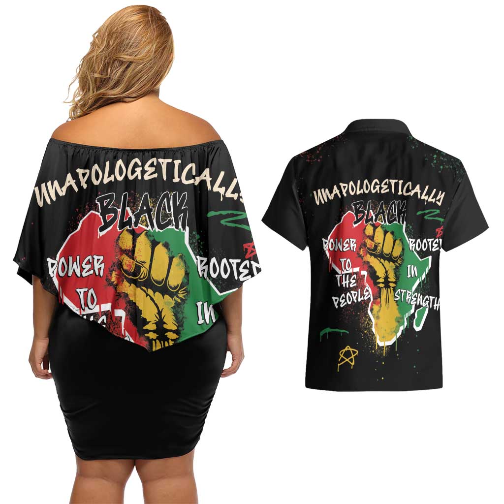 Power in Our Roots Couples Matching Off Shoulder Short Dress and Hawaiian Shirt Unapologetically Black African