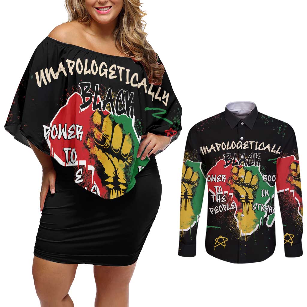 Power in Our Roots Couples Matching Off Shoulder Short Dress and Long Sleeve Button Shirt Unapologetically Black African