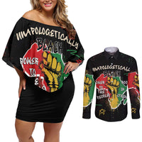 Power in Our Roots Couples Matching Off Shoulder Short Dress and Long Sleeve Button Shirt Unapologetically Black African