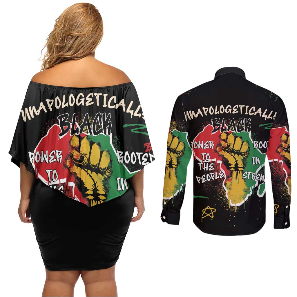 Power in Our Roots Couples Matching Off Shoulder Short Dress and Long Sleeve Button Shirt Unapologetically Black African