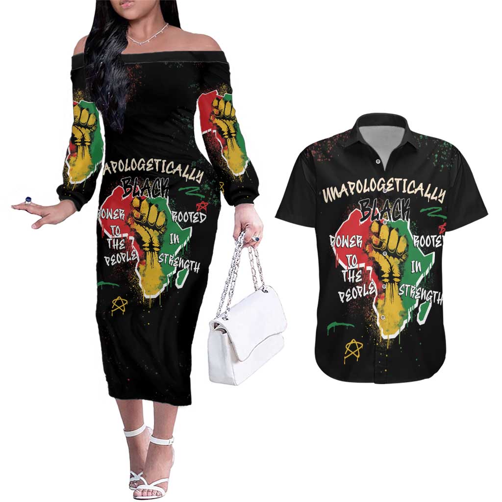 Power in Our Roots Couples Matching Off The Shoulder Long Sleeve Dress and Hawaiian Shirt Unapologetically Black African