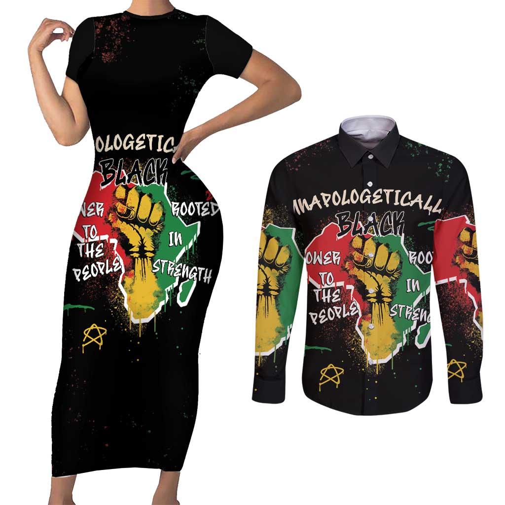 Power in Our Roots Couples Matching Short Sleeve Bodycon Dress and Long Sleeve Button Shirt Unapologetically Black African