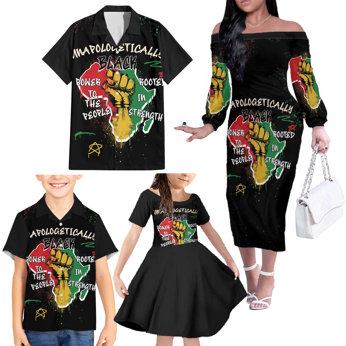 Power in Our Roots Family Matching Off The Shoulder Long Sleeve Dress and Hawaiian Shirt Unapologetically Black African