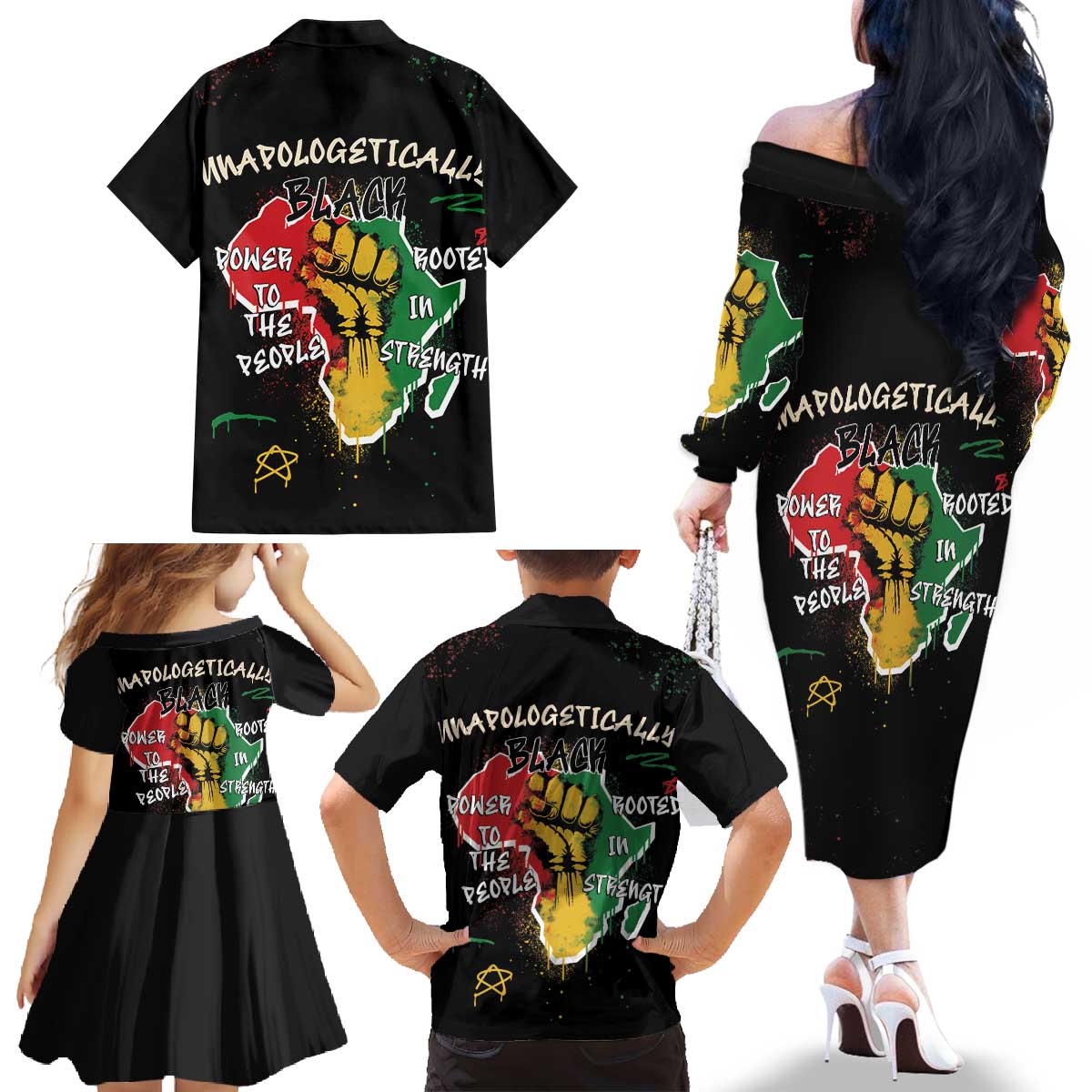 Power in Our Roots Family Matching Off The Shoulder Long Sleeve Dress and Hawaiian Shirt Unapologetically Black African