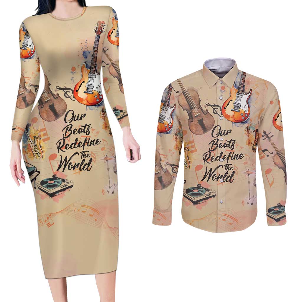 Our Beats Redefine The World African Couples Matching Long Sleeve Bodycon Dress and Long Sleeve Button Shirt