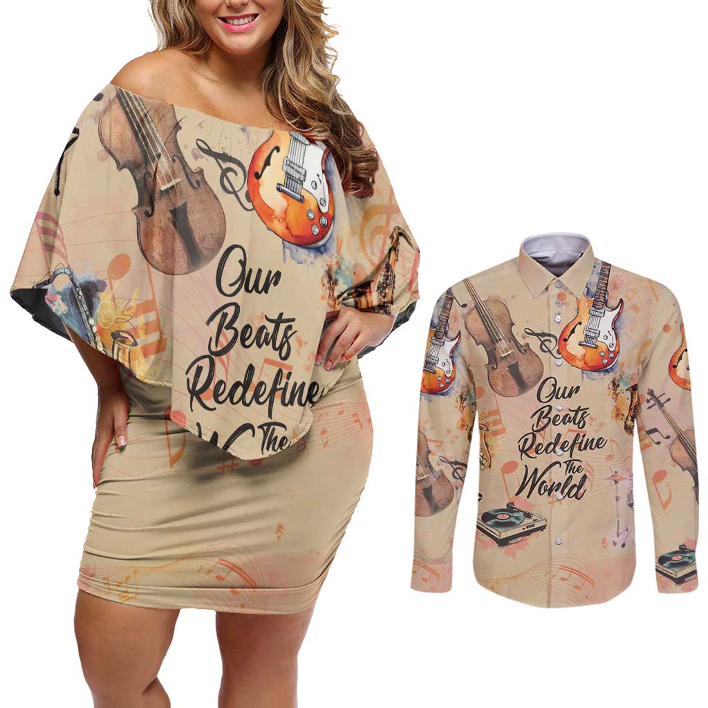Our Beats Redefine The World African Couples Matching Off Shoulder Short Dress and Long Sleeve Button Shirt