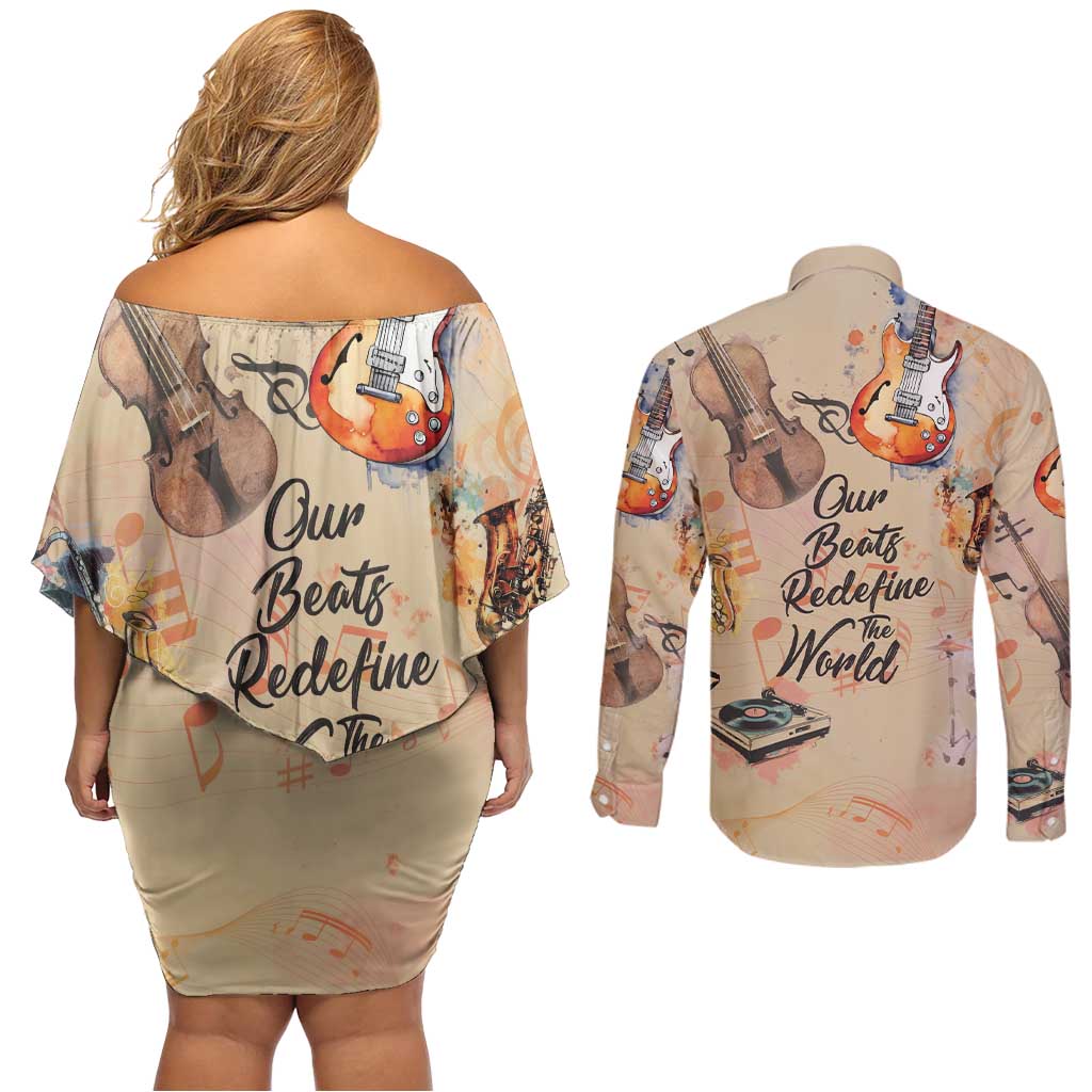 Our Beats Redefine The World African Couples Matching Off Shoulder Short Dress and Long Sleeve Button Shirt