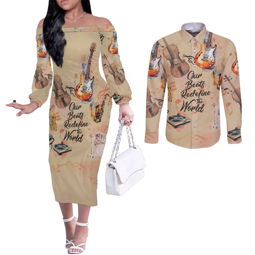 Our Beats Redefine The World African Couples Matching Off The Shoulder Long Sleeve Dress and Long Sleeve Button Shirt