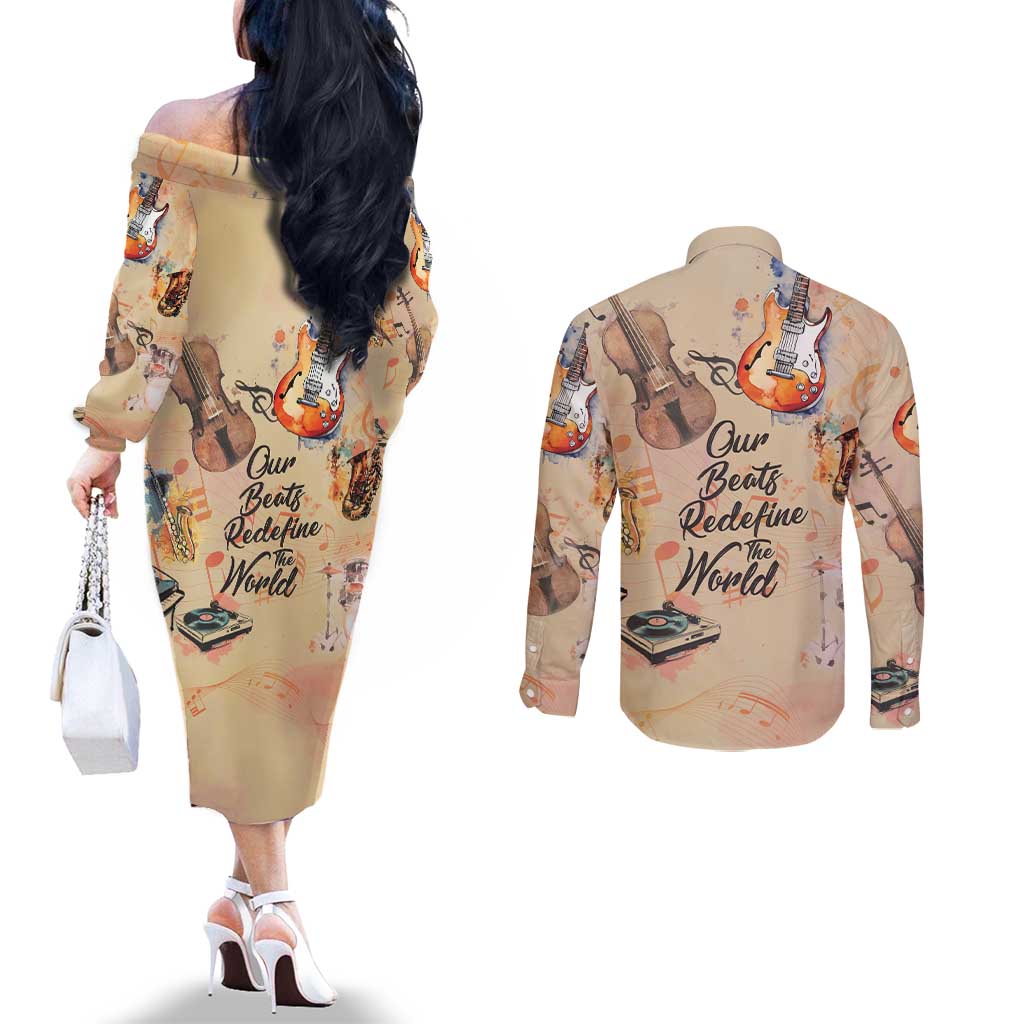 Our Beats Redefine The World African Couples Matching Off The Shoulder Long Sleeve Dress and Long Sleeve Button Shirt
