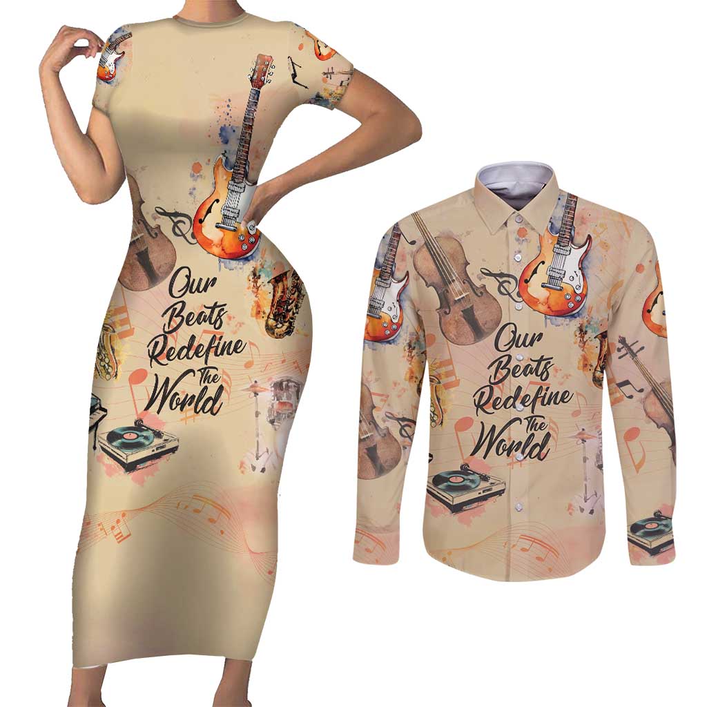 Our Beats Redefine The World African Couples Matching Short Sleeve Bodycon Dress and Long Sleeve Button Shirt