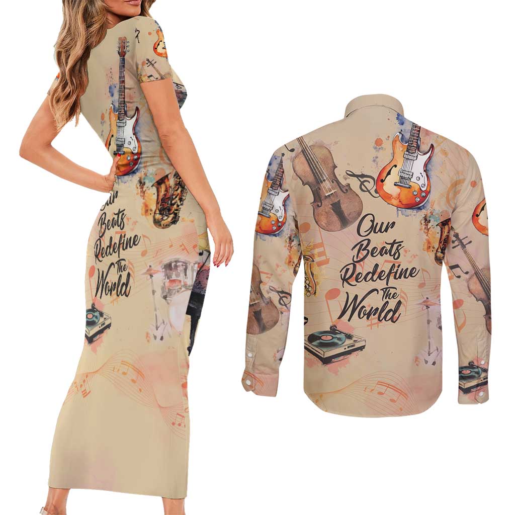 Our Beats Redefine The World African Couples Matching Short Sleeve Bodycon Dress and Long Sleeve Button Shirt
