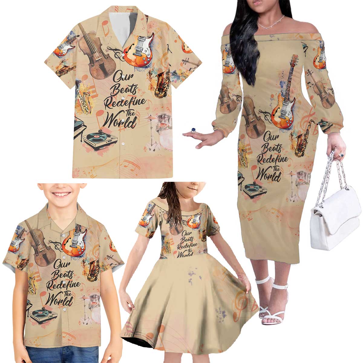 Our Beats Redefine The World African Family Matching Off The Shoulder Long Sleeve Dress and Hawaiian Shirt