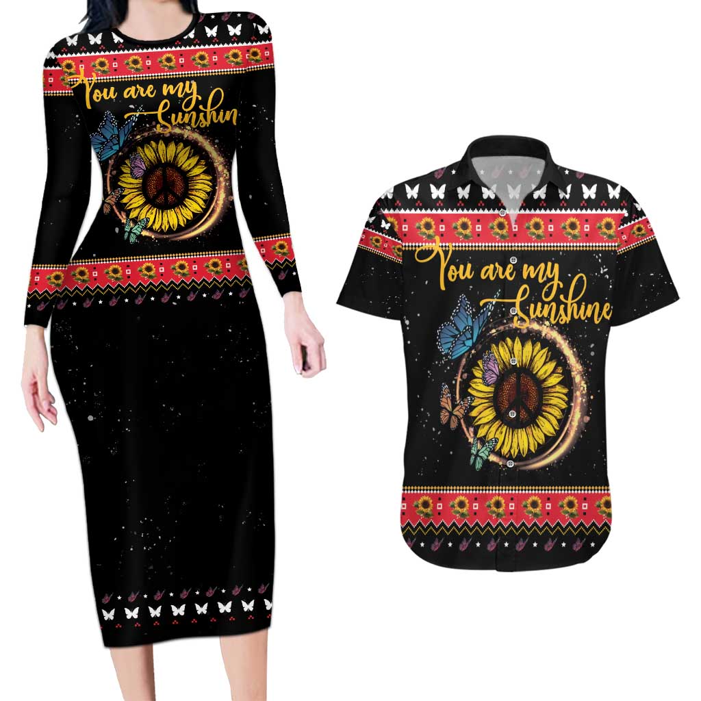 Butterfly Christmas Yall Couples Matching Long Sleeve Bodycon Dress and Hawaiian Shirt You Are My Sunshine - Wonder Print Shop