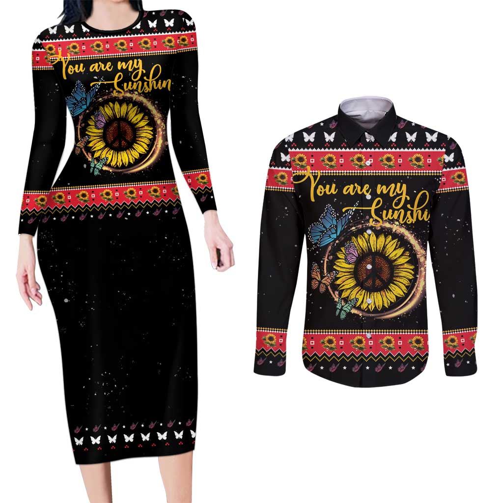 Butterfly Christmas Yall Couples Matching Long Sleeve Bodycon Dress and Long Sleeve Button Shirt You Are My Sunshine - Wonder Print Shop