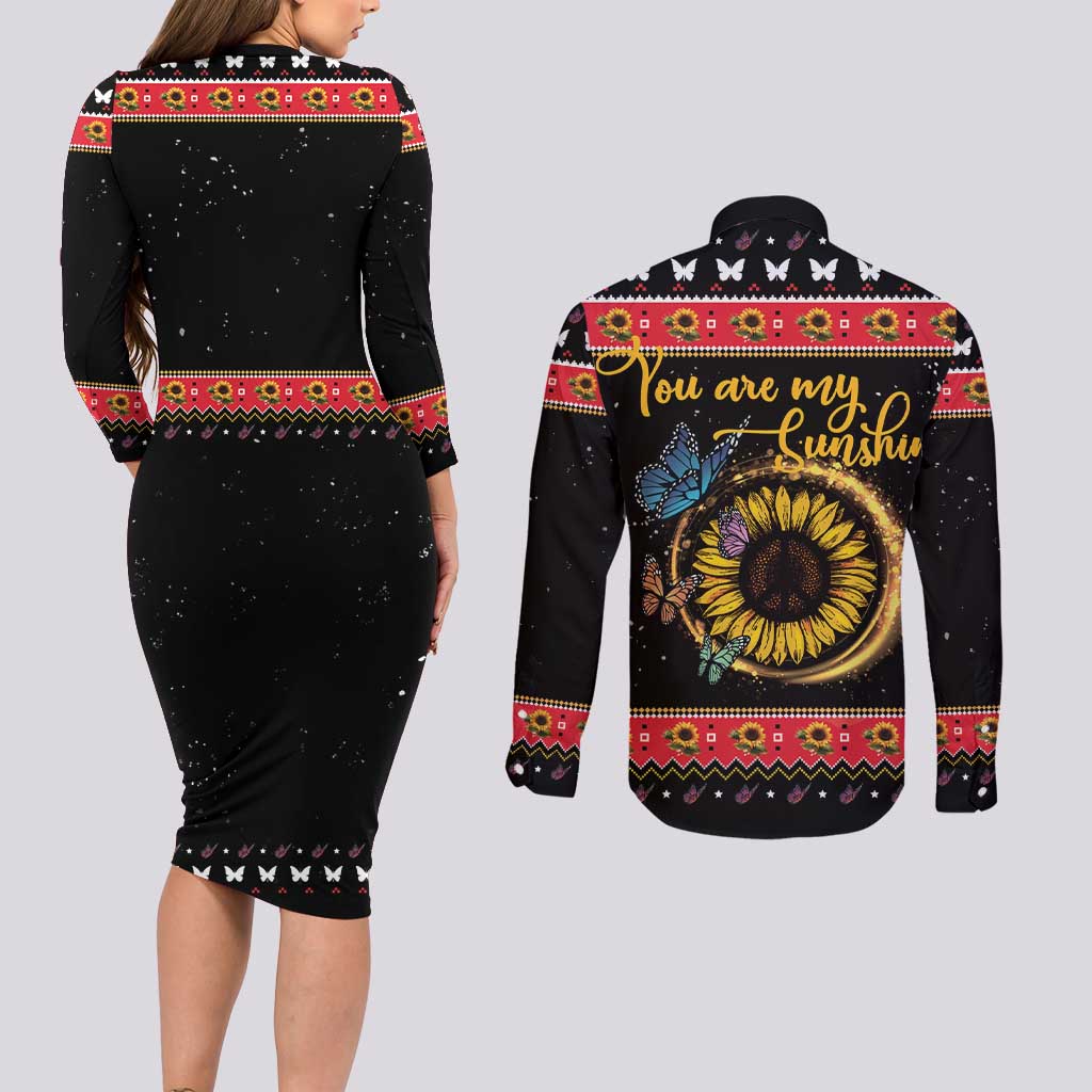 Butterfly Christmas Yall Couples Matching Long Sleeve Bodycon Dress and Long Sleeve Button Shirt You Are My Sunshine - Wonder Print Shop