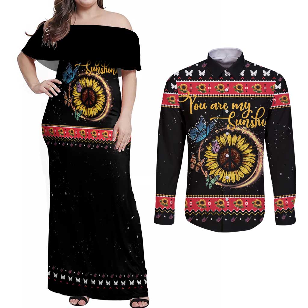 Butterfly Christmas Yall Couples Matching Off Shoulder Maxi Dress and Long Sleeve Button Shirt You Are My Sunshine - Wonder Print Shop