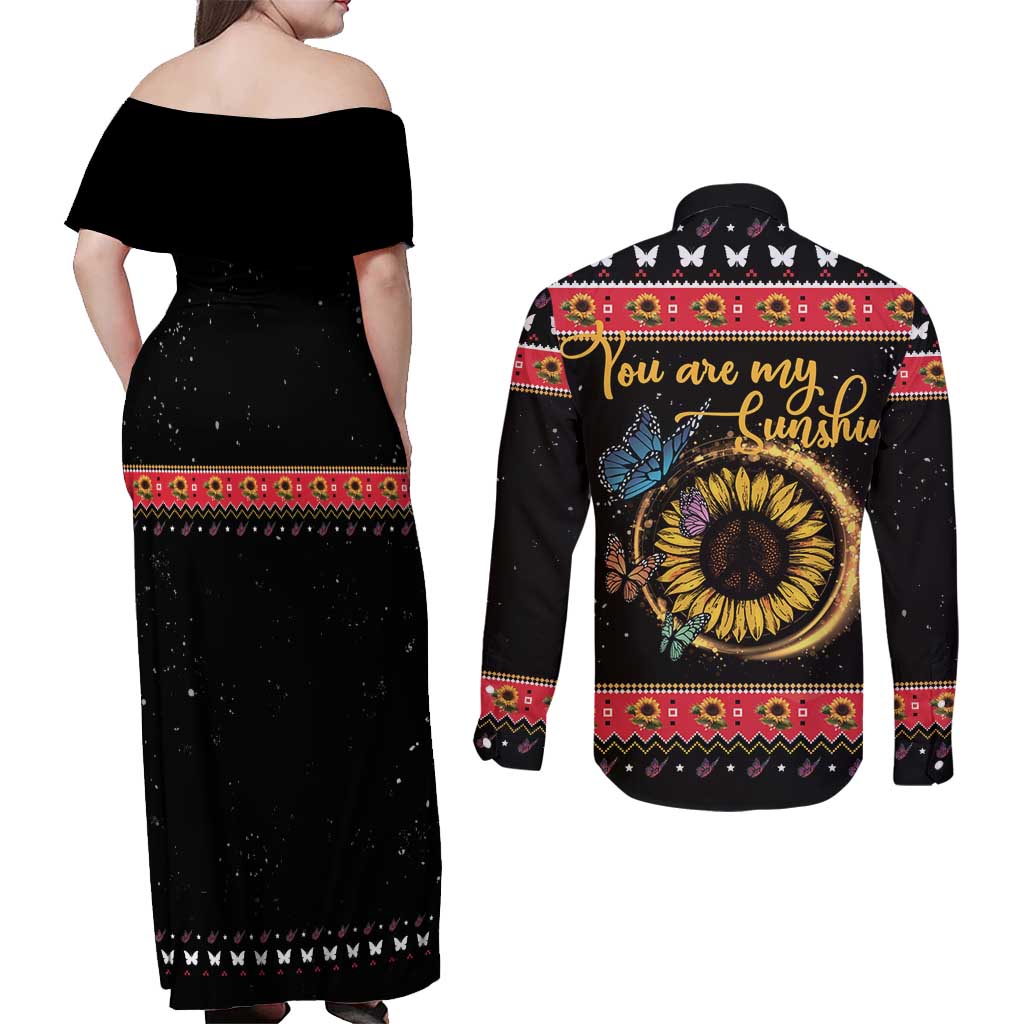 Butterfly Christmas Yall Couples Matching Off Shoulder Maxi Dress and Long Sleeve Button Shirt You Are My Sunshine - Wonder Print Shop
