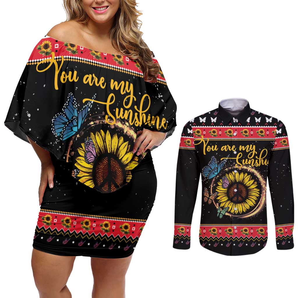 Butterfly Christmas Yall Couples Matching Off Shoulder Short Dress and Long Sleeve Button Shirt You Are My Sunshine - Wonder Print Shop