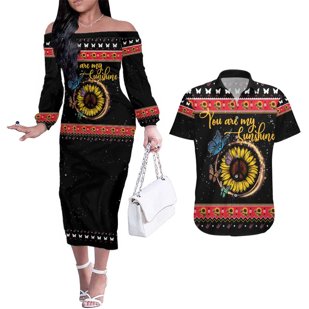 Butterfly Christmas Yall Couples Matching Off The Shoulder Long Sleeve Dress and Hawaiian Shirt You Are My Sunshine - Wonder Print Shop