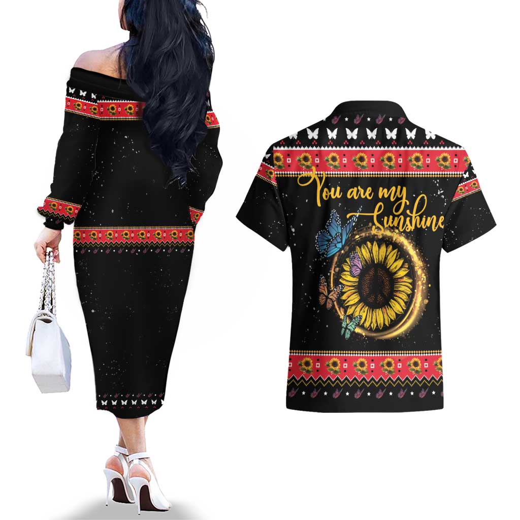 Butterfly Christmas Yall Couples Matching Off The Shoulder Long Sleeve Dress and Hawaiian Shirt You Are My Sunshine - Wonder Print Shop