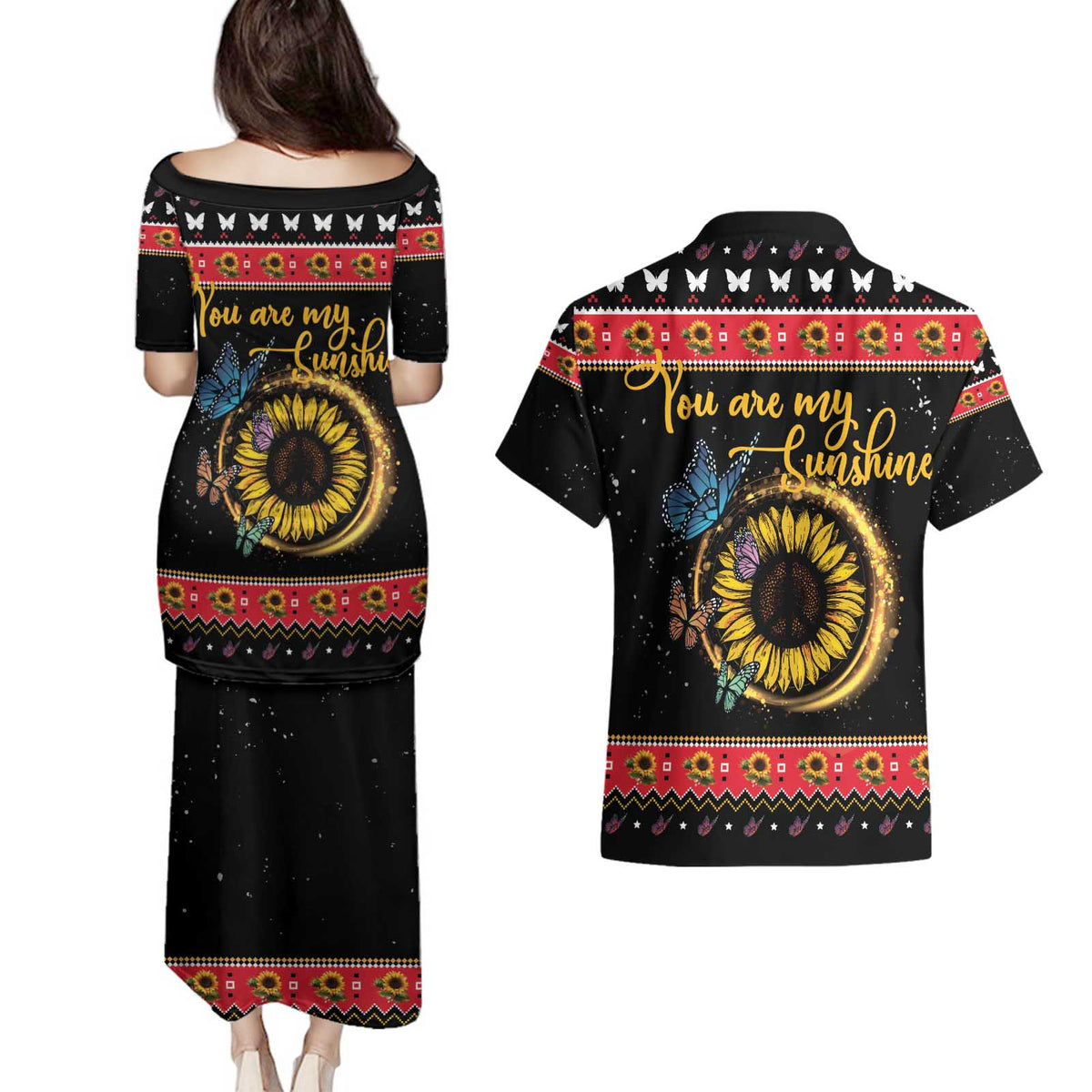 Butterfly Christmas Yall Couples Matching Puletasi and Hawaiian Shirt You Are My Sunshine - Wonder Print Shop