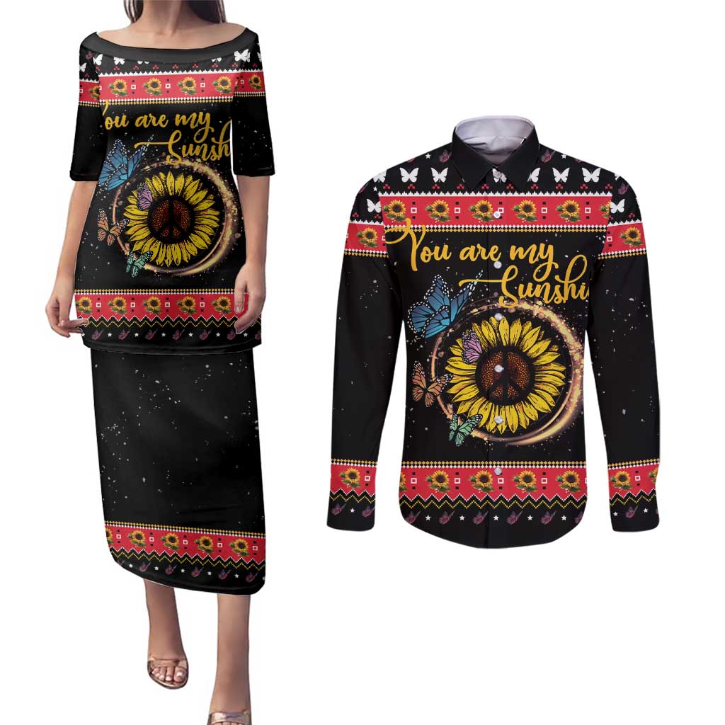 Butterfly Christmas Yall Couples Matching Puletasi and Long Sleeve Button Shirt You Are My Sunshine - Wonder Print Shop