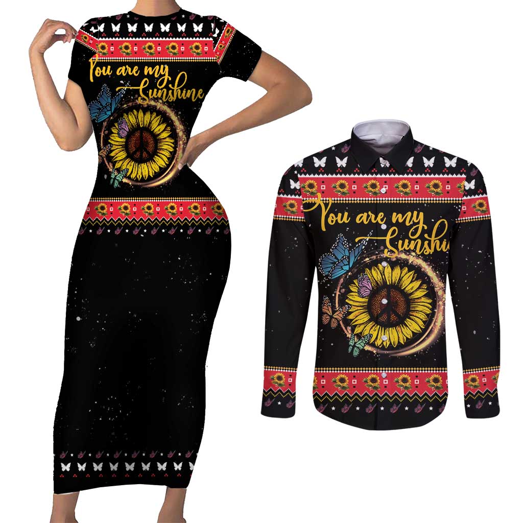 Butterfly Christmas Yall Couples Matching Short Sleeve Bodycon Dress and Long Sleeve Button Shirt You Are My Sunshine - Wonder Print Shop