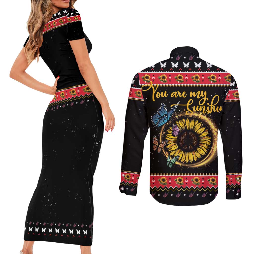 Butterfly Christmas Yall Couples Matching Short Sleeve Bodycon Dress and Long Sleeve Button Shirt You Are My Sunshine - Wonder Print Shop