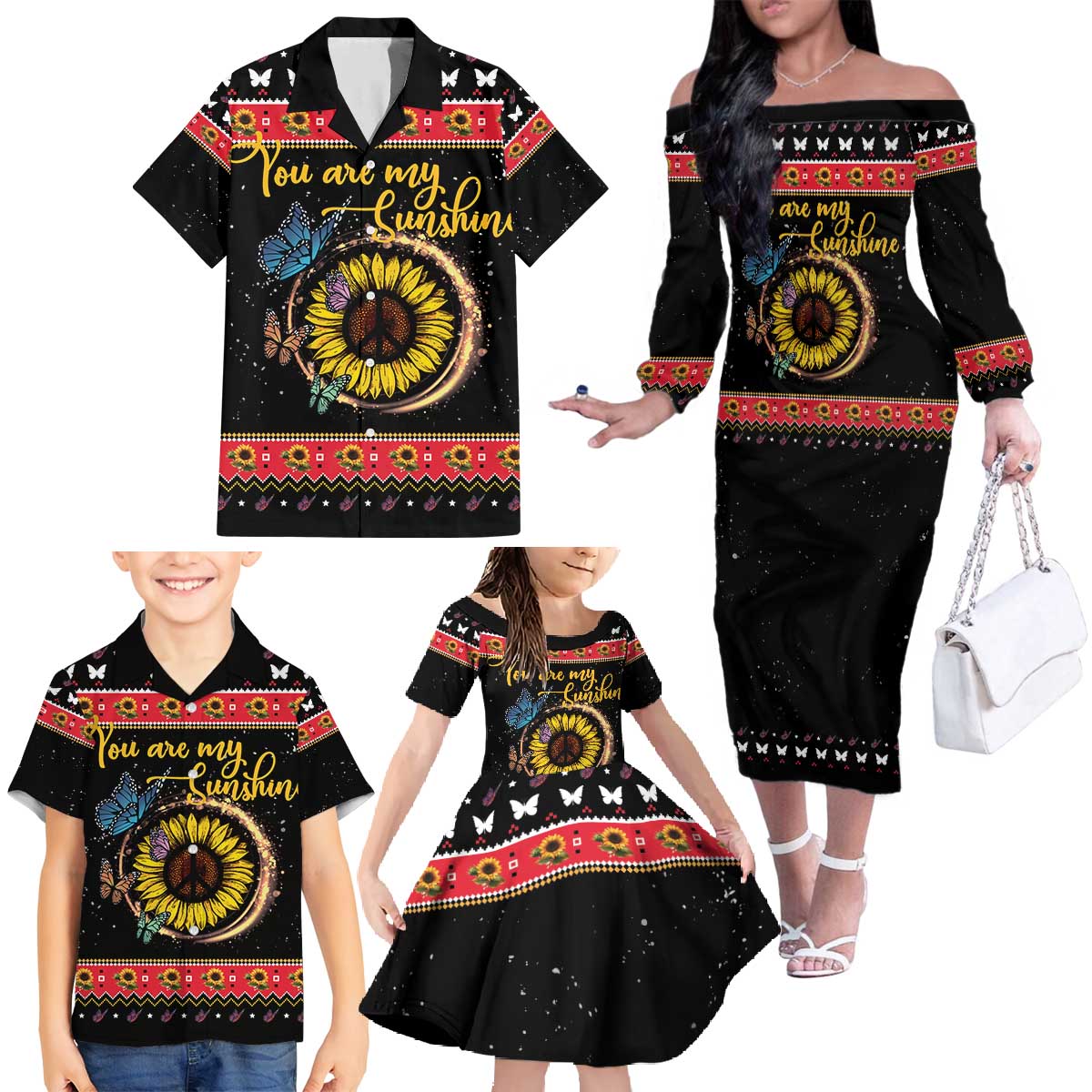 Butterfly Christmas Yall Family Matching Off The Shoulder Long Sleeve Dress and Hawaiian Shirt You Are My Sunshine - Wonder Print Shop