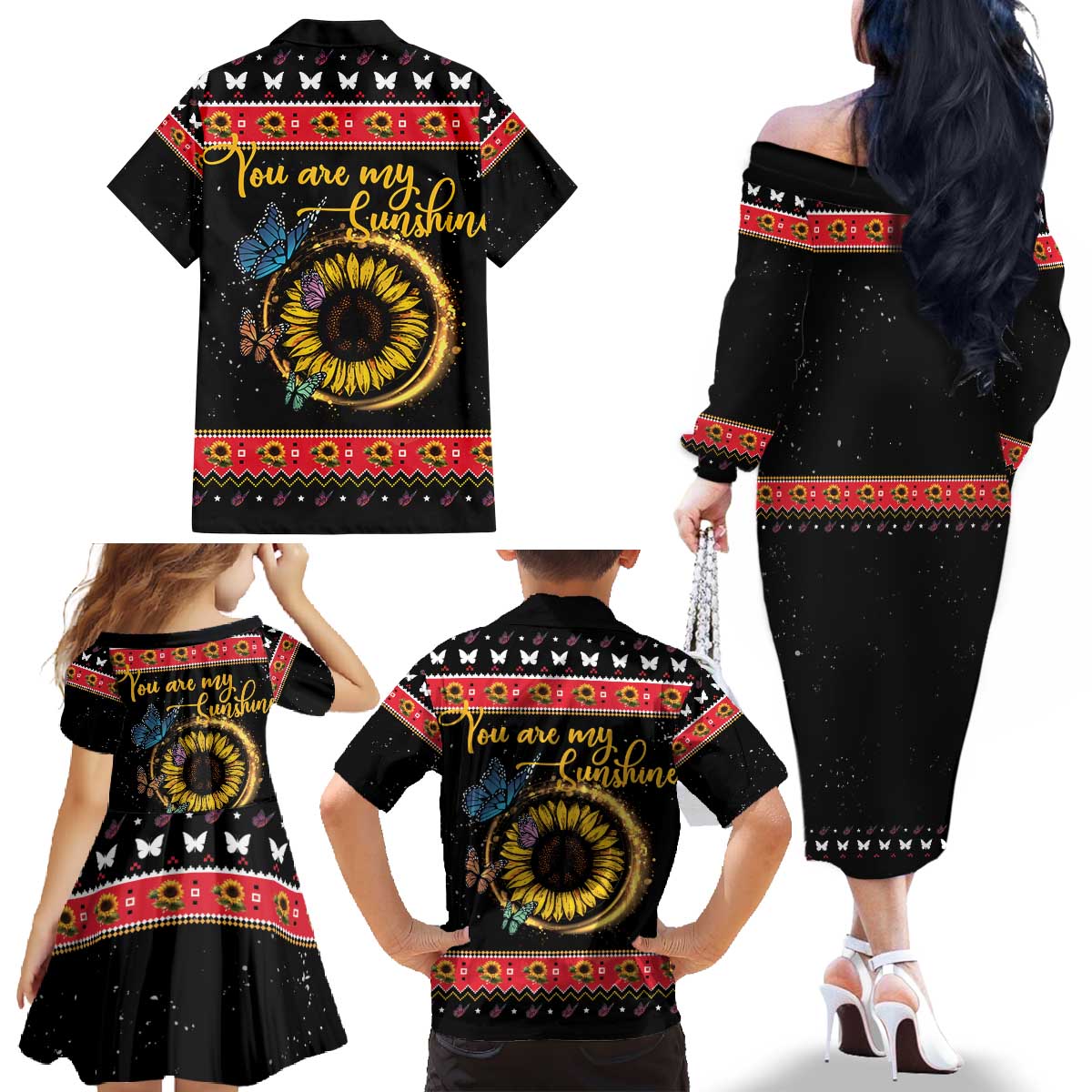 Butterfly Christmas Yall Family Matching Off The Shoulder Long Sleeve Dress and Hawaiian Shirt You Are My Sunshine - Wonder Print Shop
