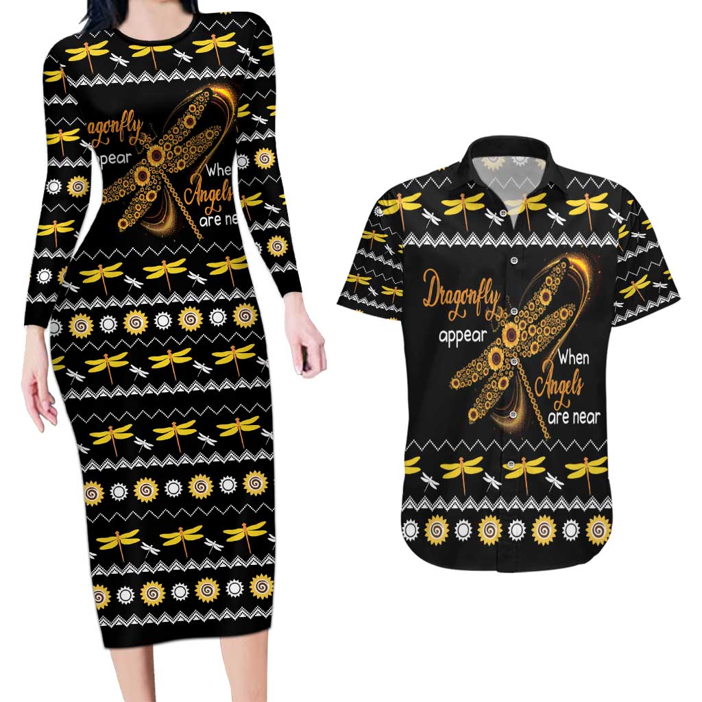 Dragonfly Sunflower Couples Matching Long Sleeve Bodycon Dress and Hawaiian Shirt Dragonfly Appear When Angels Are Near - Wonder Print Shop