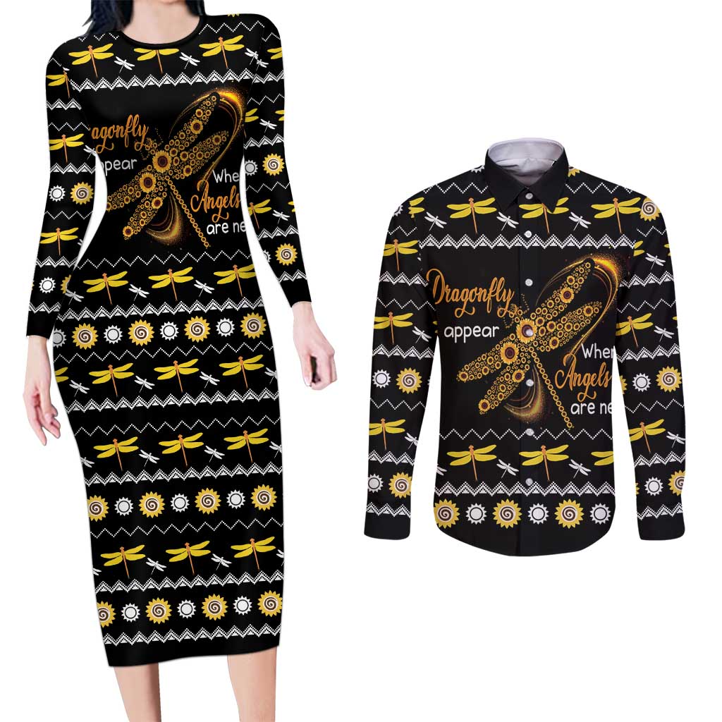 Dragonfly Sunflower Couples Matching Long Sleeve Bodycon Dress and Long Sleeve Button Shirt Dragonfly Appear When Angels Are Near - Wonder Print Shop
