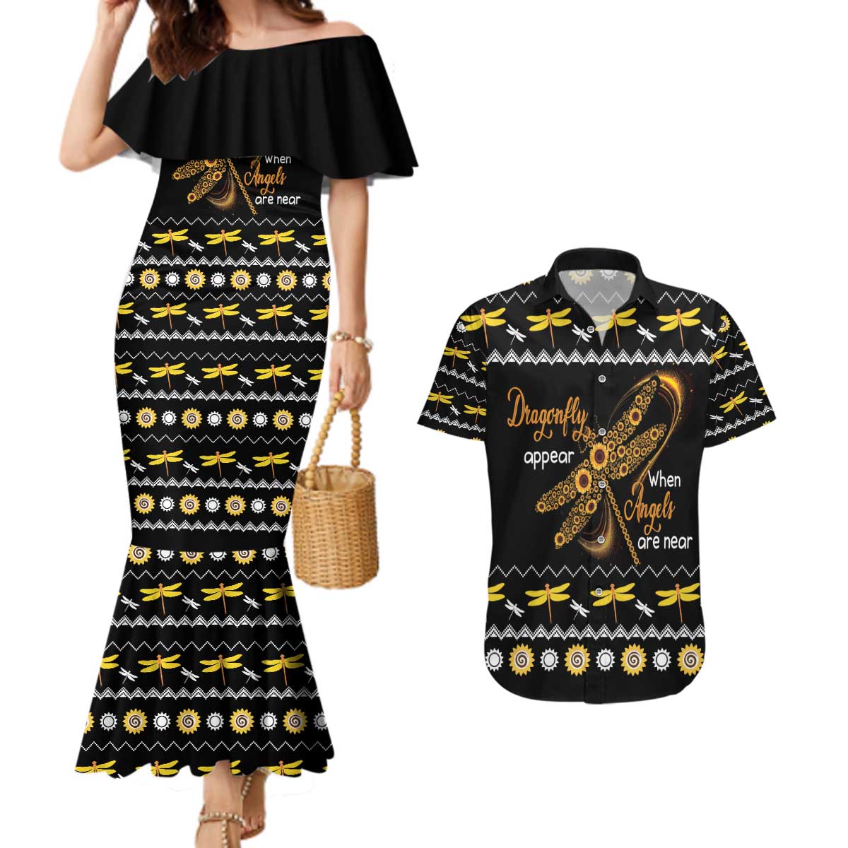 Dragonfly Sunflower Couples Matching Mermaid Dress and Hawaiian Shirt Dragonfly Appear When Angels Are Near - Wonder Print Shop