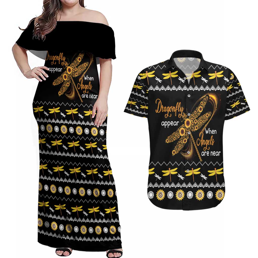 Dragonfly Sunflower Couples Matching Off Shoulder Maxi Dress and Hawaiian Shirt Dragonfly Appear When Angels Are Near - Wonder Print Shop