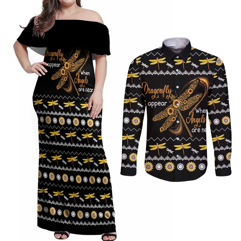 Dragonfly Sunflower Couples Matching Off Shoulder Maxi Dress and Long Sleeve Button Shirt Dragonfly Appear When Angels Are Near - Wonder Print Shop