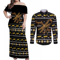 Dragonfly Sunflower Couples Matching Off Shoulder Maxi Dress and Long Sleeve Button Shirt Dragonfly Appear When Angels Are Near - Wonder Print Shop