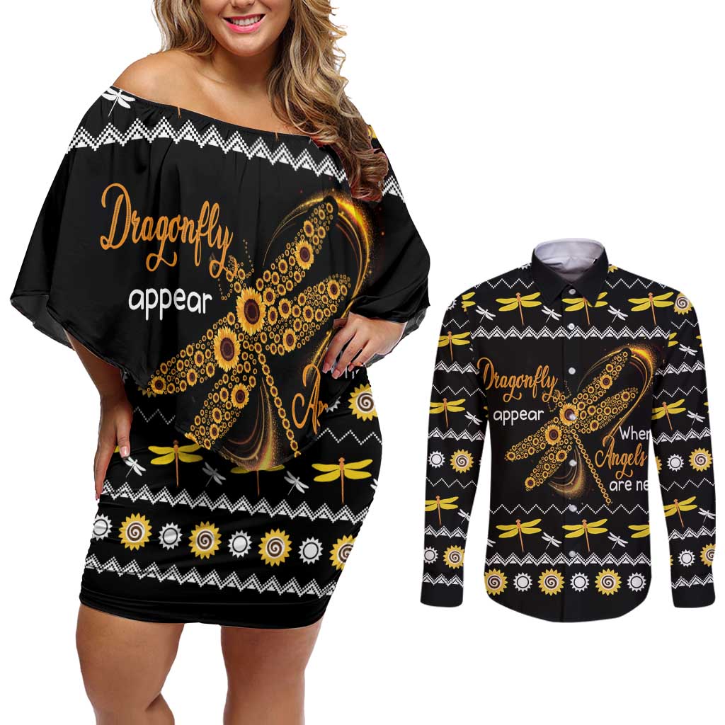 Dragonfly Sunflower Couples Matching Off Shoulder Short Dress and Long Sleeve Button Shirt Dragonfly Appear When Angels Are Near - Wonder Print Shop