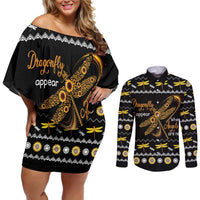 Dragonfly Sunflower Couples Matching Off Shoulder Short Dress and Long Sleeve Button Shirt Dragonfly Appear When Angels Are Near - Wonder Print Shop