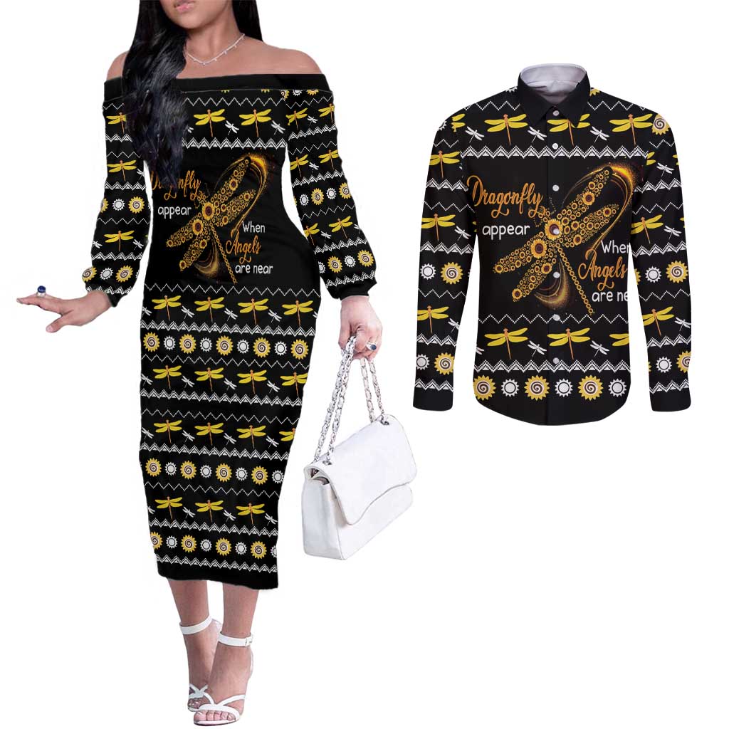 Dragonfly Sunflower Couples Matching Off The Shoulder Long Sleeve Dress and Long Sleeve Button Shirt Dragonfly Appear When Angels Are Near