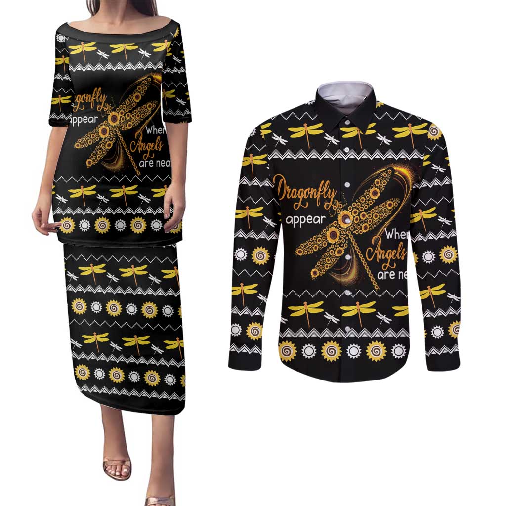 Dragonfly Sunflower Couples Matching Puletasi and Long Sleeve Button Shirt Dragonfly Appear When Angels Are Near - Wonder Print Shop