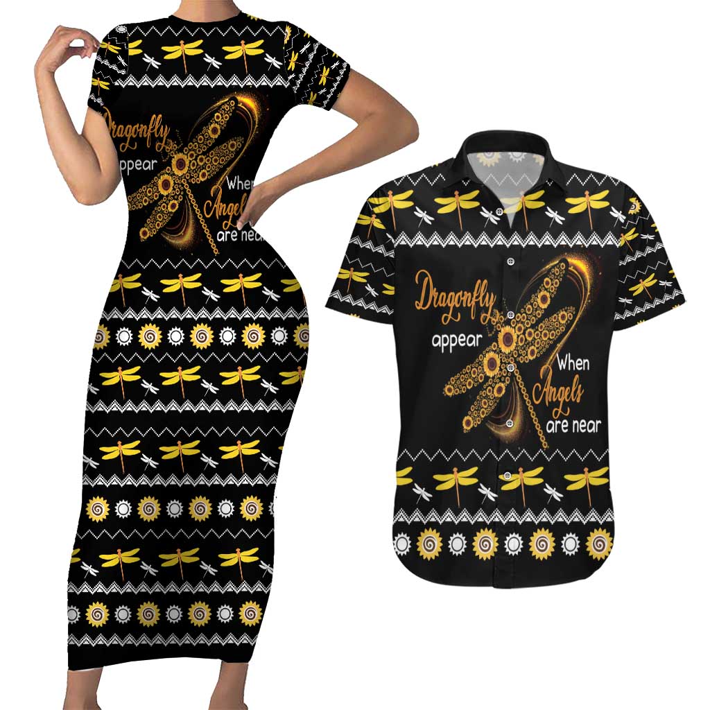 Dragonfly Sunflower Couples Matching Short Sleeve Bodycon Dress and Hawaiian Shirt Dragonfly Appear When Angels Are Near - Wonder Print Shop
